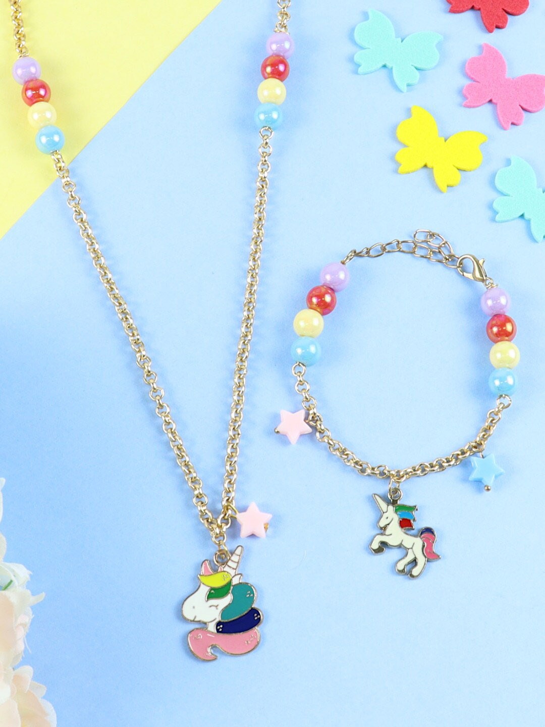 

Asthetika Kids Girls Unicorn Charm Necklace & Bracelet, Pink