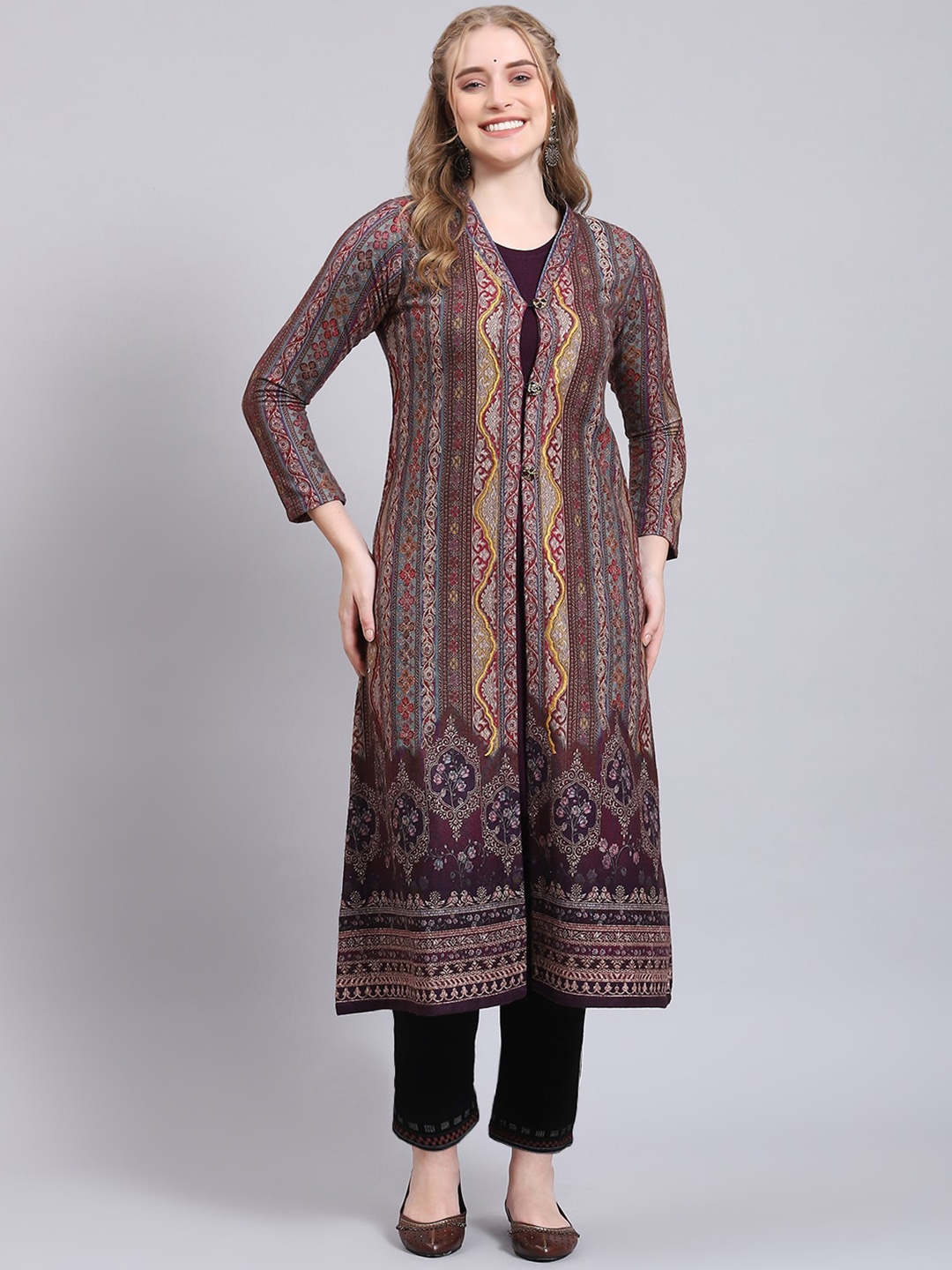 

Monte Carlo Ethnic Motifs Woven Design V-Neck A-Line Kurta, Purple