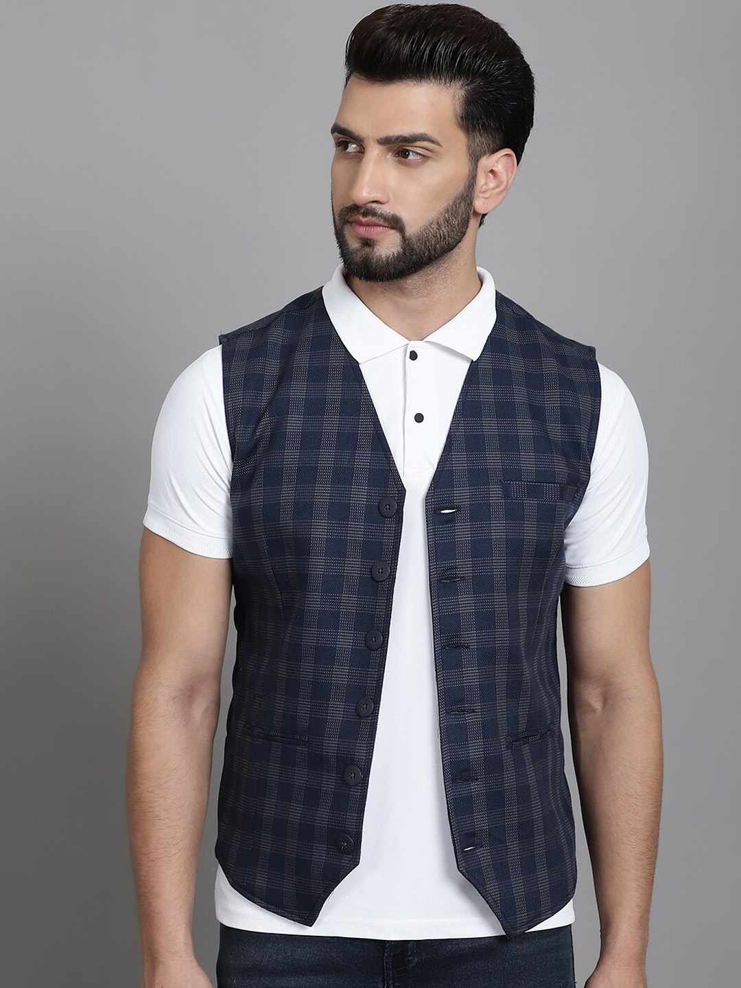 

even Checked Pure Cotton Waistcoat, Navy blue