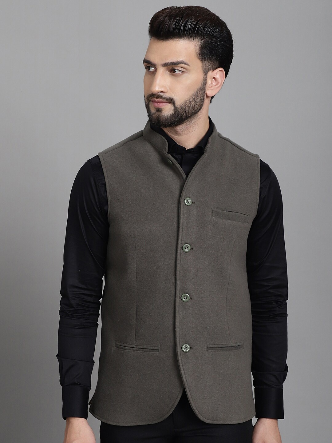 

even Mandarin Collar Nehru Jacket, Green