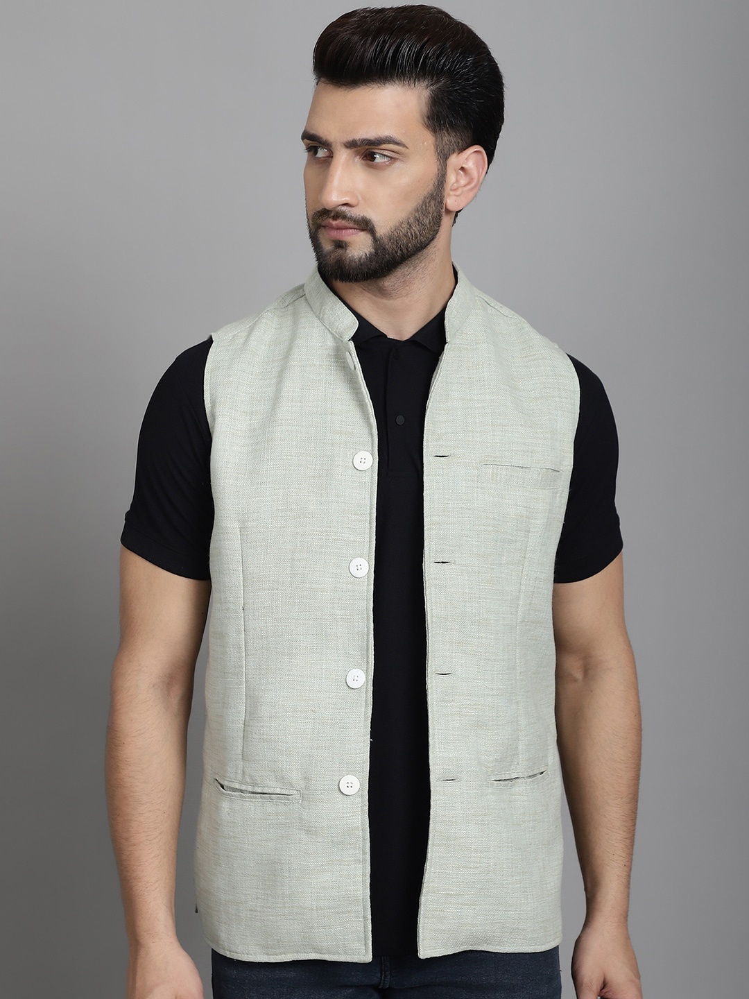 

even Mandarin Collar Linen Nehru Jacket, Green