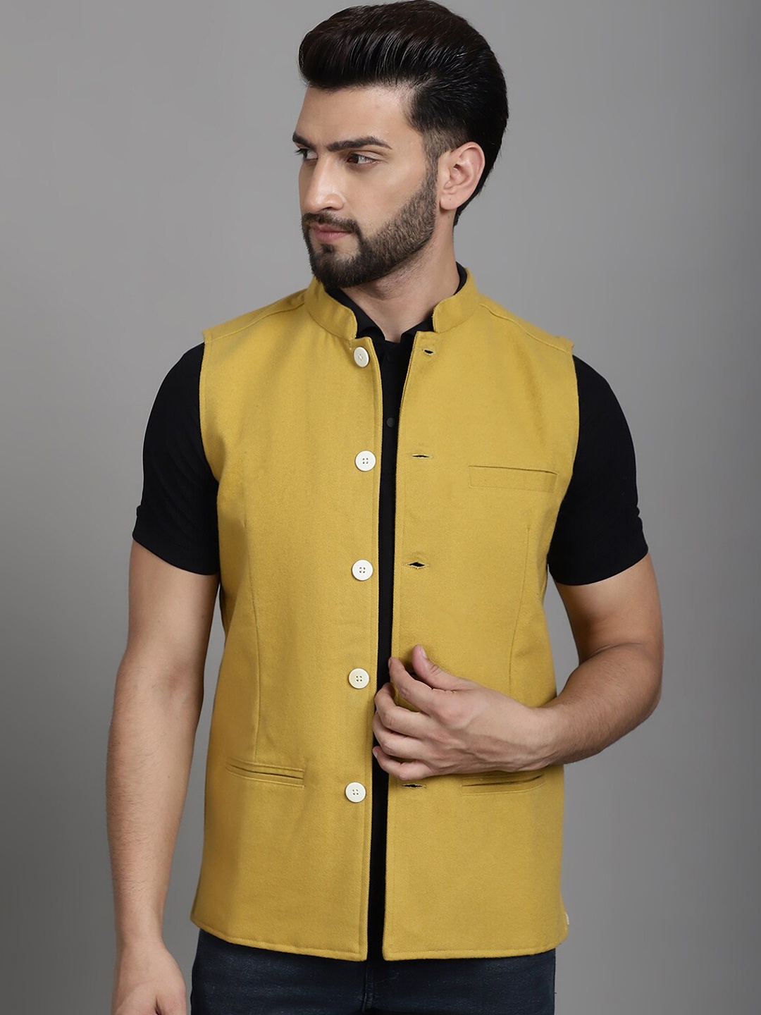 

even Mandarin Collar Woollen Nehru Jacket, Yellow