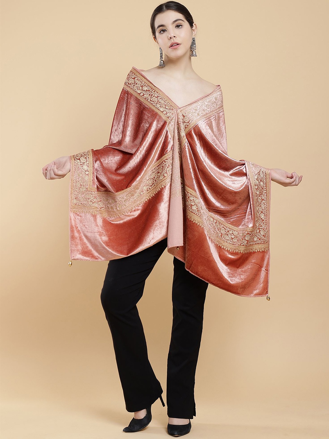 

Moda Chales Embellished Velvet Shawl, Peach