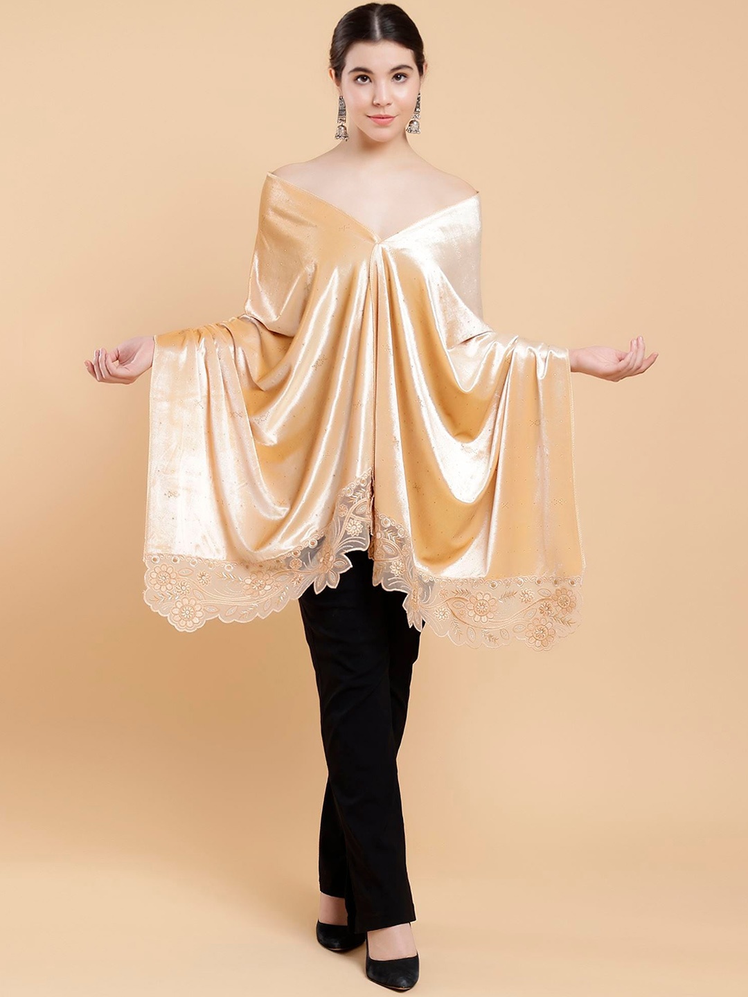 

Moda Chales Geometric Embellished Beads and Stones Velvet Shawl, Cream