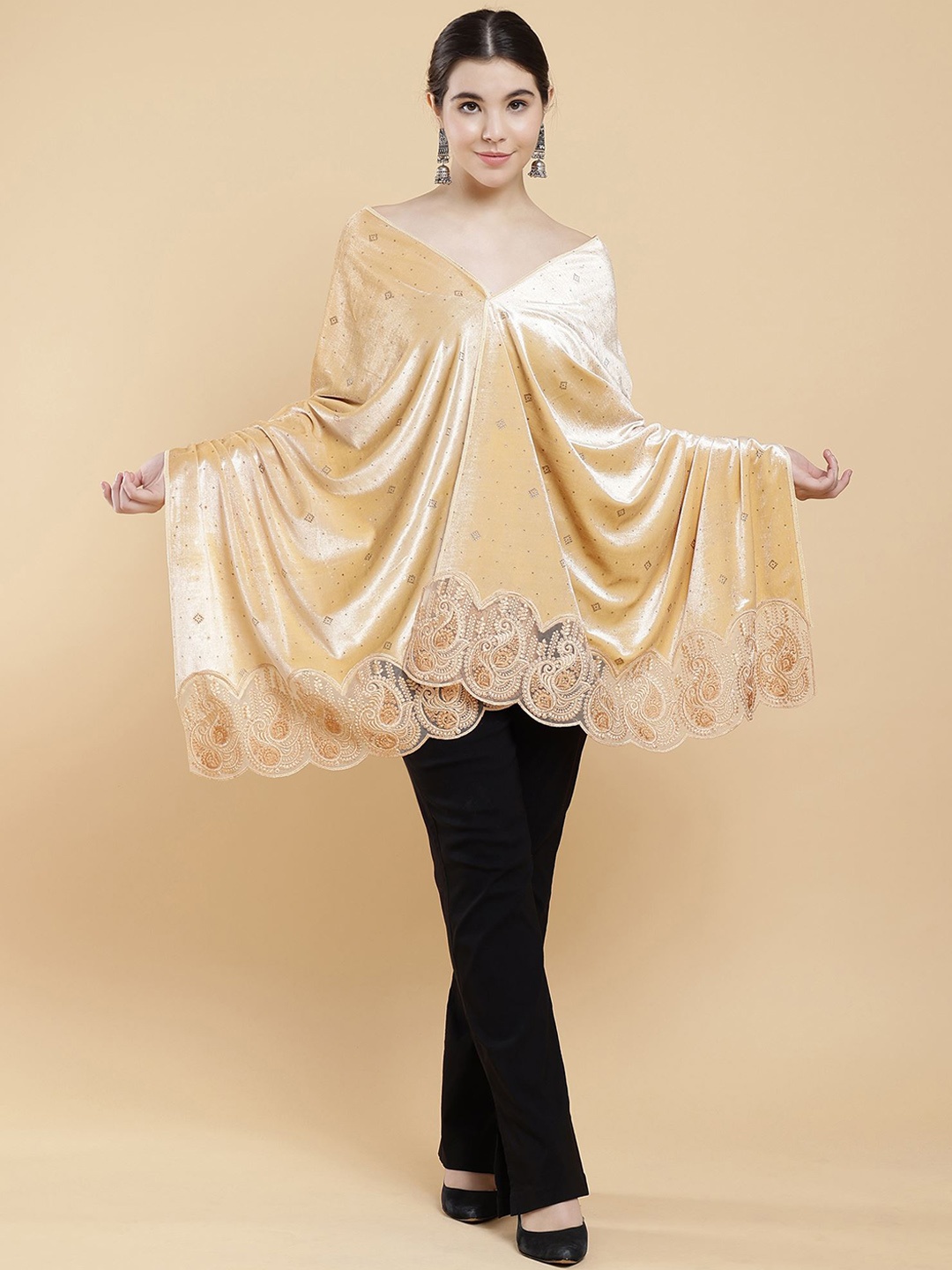 

Moda Chales Geometric Embellished Beads and Stones Velvet Shawl, Tan