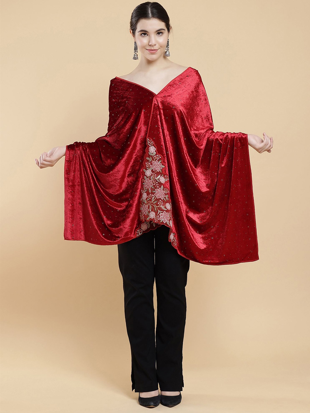 

Moda Chales Floral Embellished Beads and Stones Velvet Shawl, Red