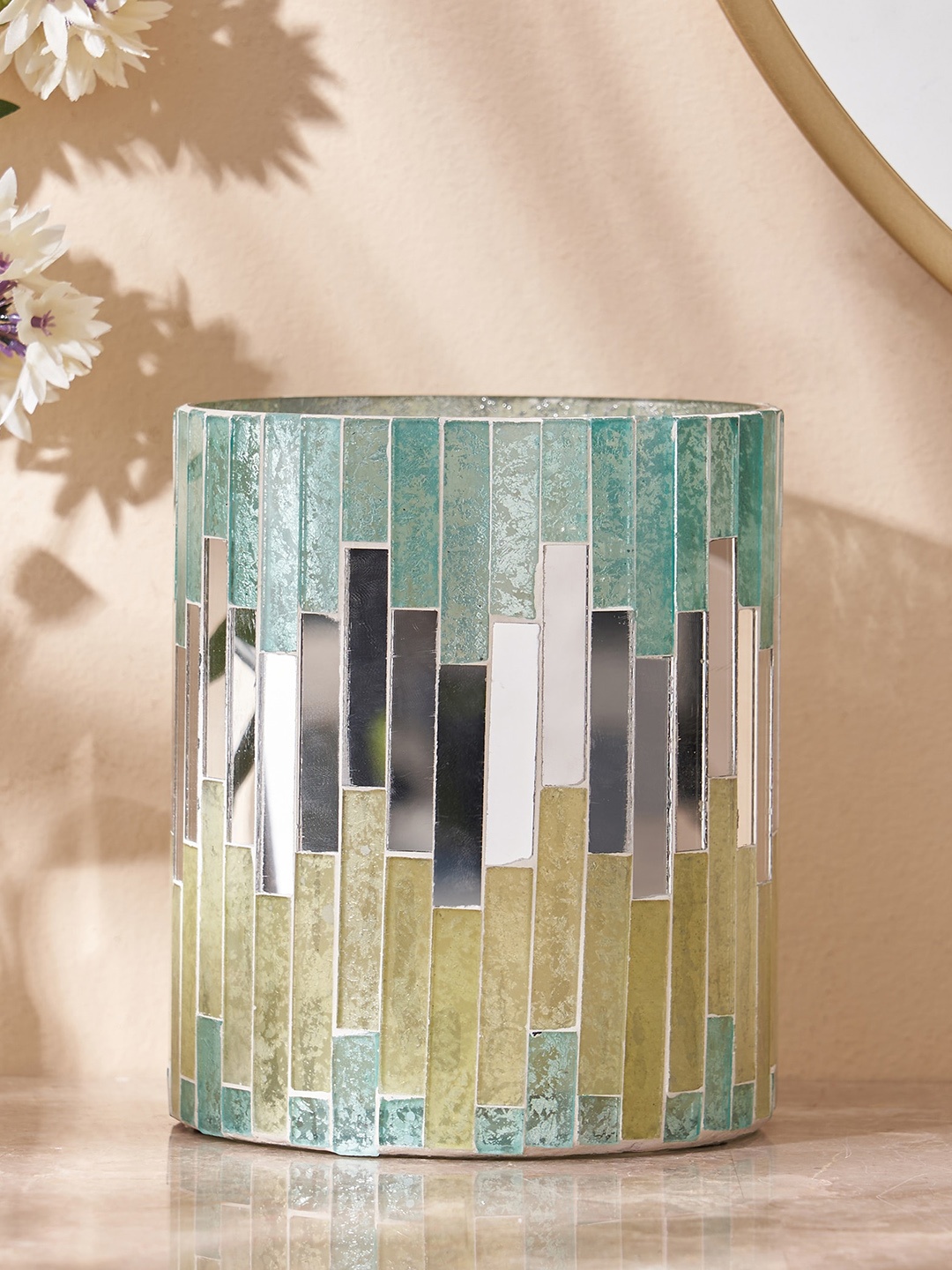 

Home Centre Green & White Mabel Stripes Glass Mosaic Hurricane Candle Holder