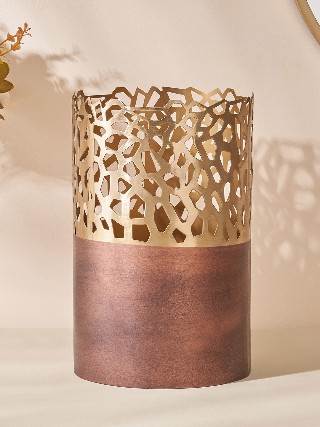 

Home Centre Mystique Forato Gold Toned Textured Cut-Out Metal Hurricane Candle Holders