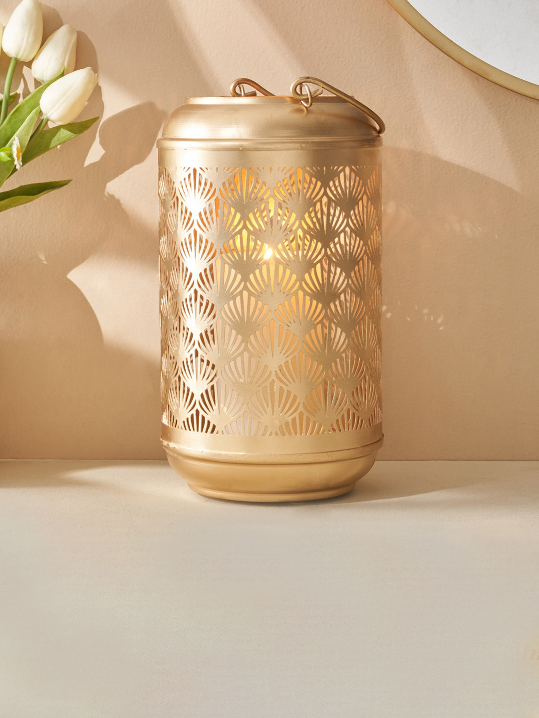 

Home Centre Gold Toned Candle Cut Work Detailed Hanging Lantern Holders