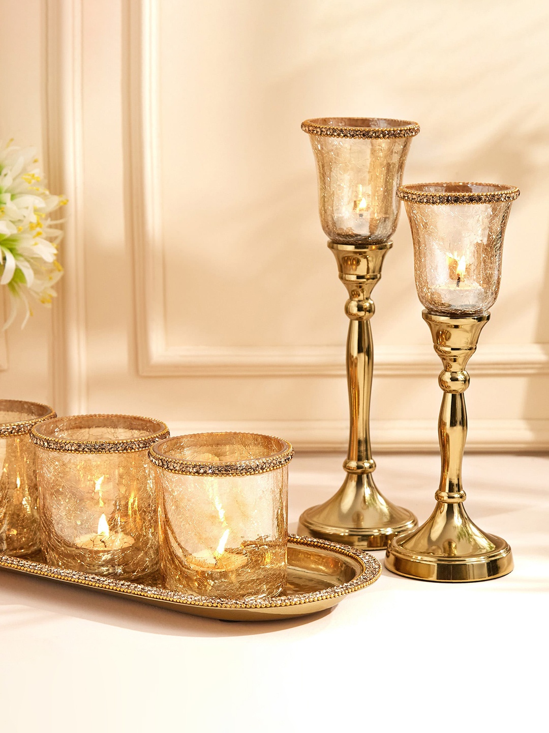 

Home Centre Maya Tevis Gold Toned Glass Crackle T-Light Holder