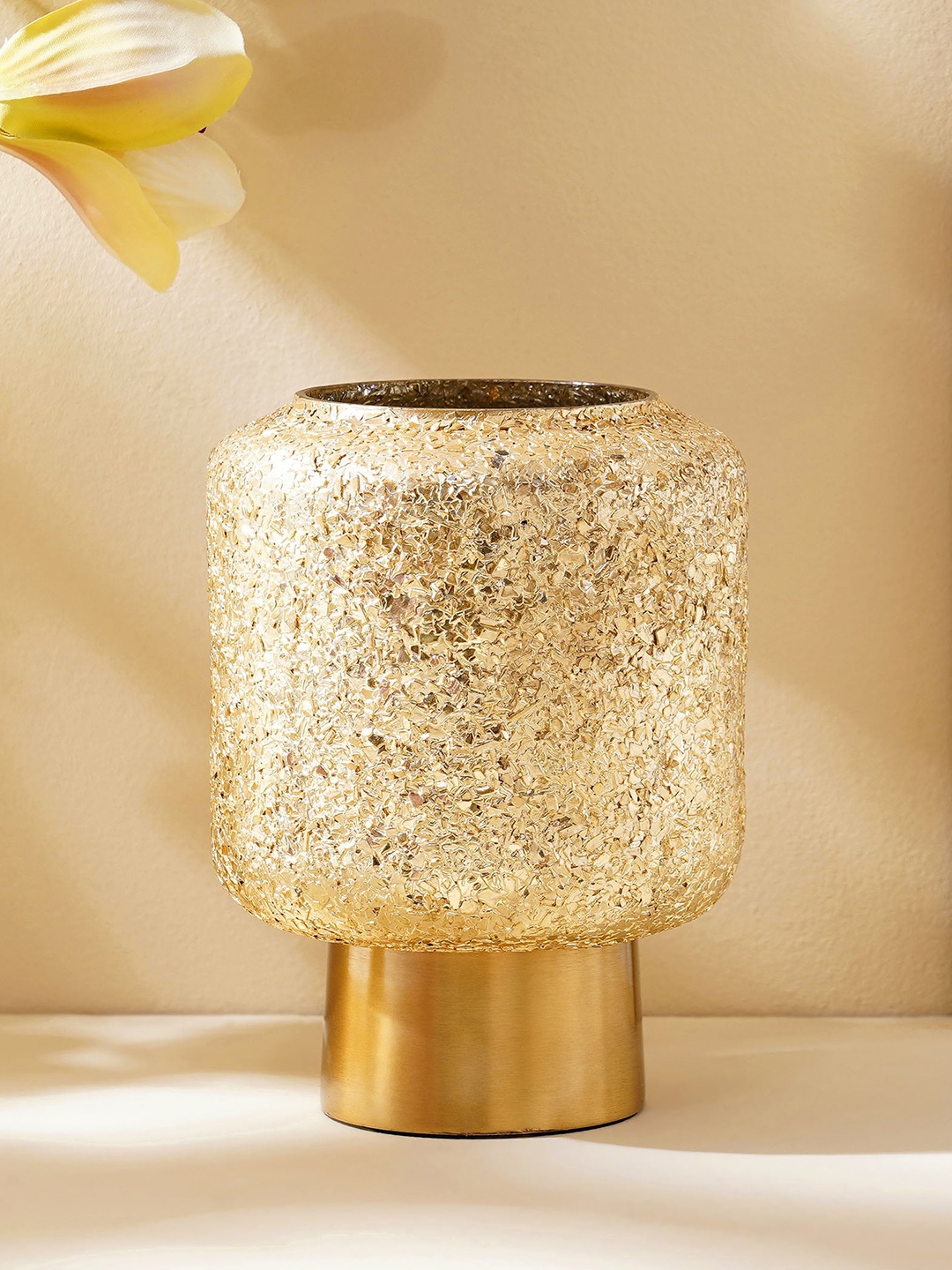 

Home Centre Gold Toned & Brown Glass Hurricane Candle Holder