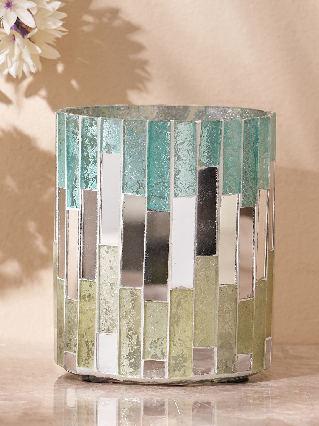 

Home Centre Green & Gold Toned Mabel Stripes Mosaic Textured Glass T-Light Holder