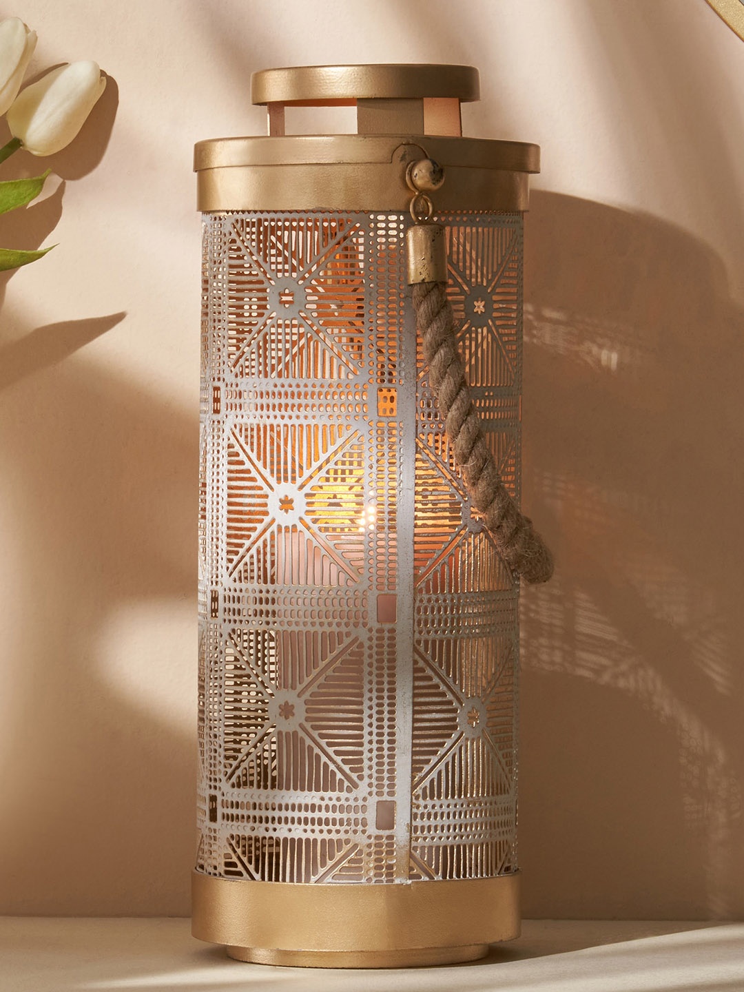 

Home Centre Gold Toned & Beige Cut Work Hanging Lantern Candle Holders