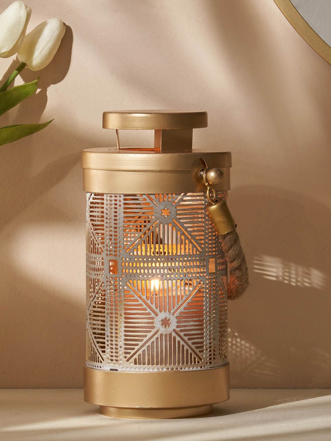 

Home Centre Aerin Iron Gold Toned Cut Work Hanging T-Light Lantern