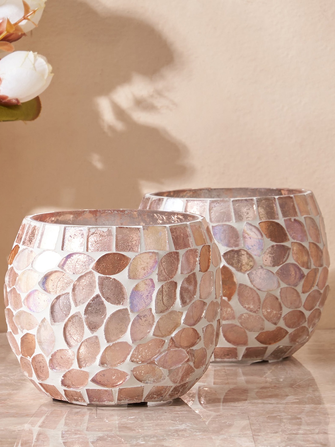 

Home Centre Mabel Arlen Gold Toned 2 Pieces Glass Mosaic Hurricane Candle Holder