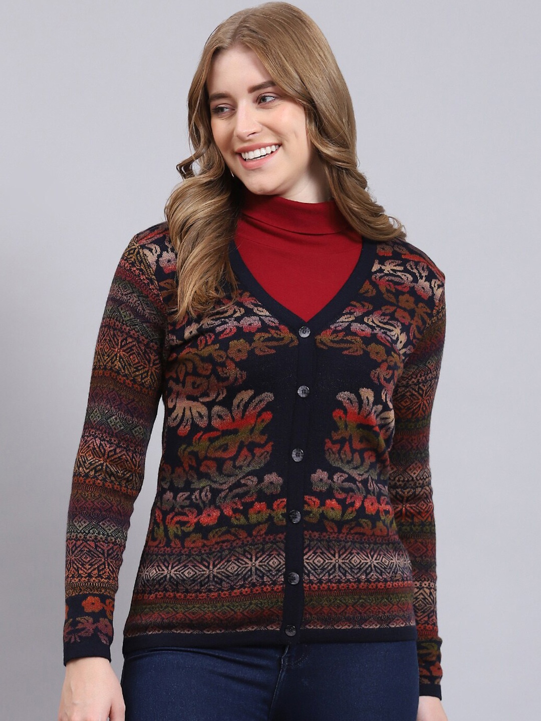 

Monte Carlo Floral Self Design Cardigan Sweaters, Navy blue