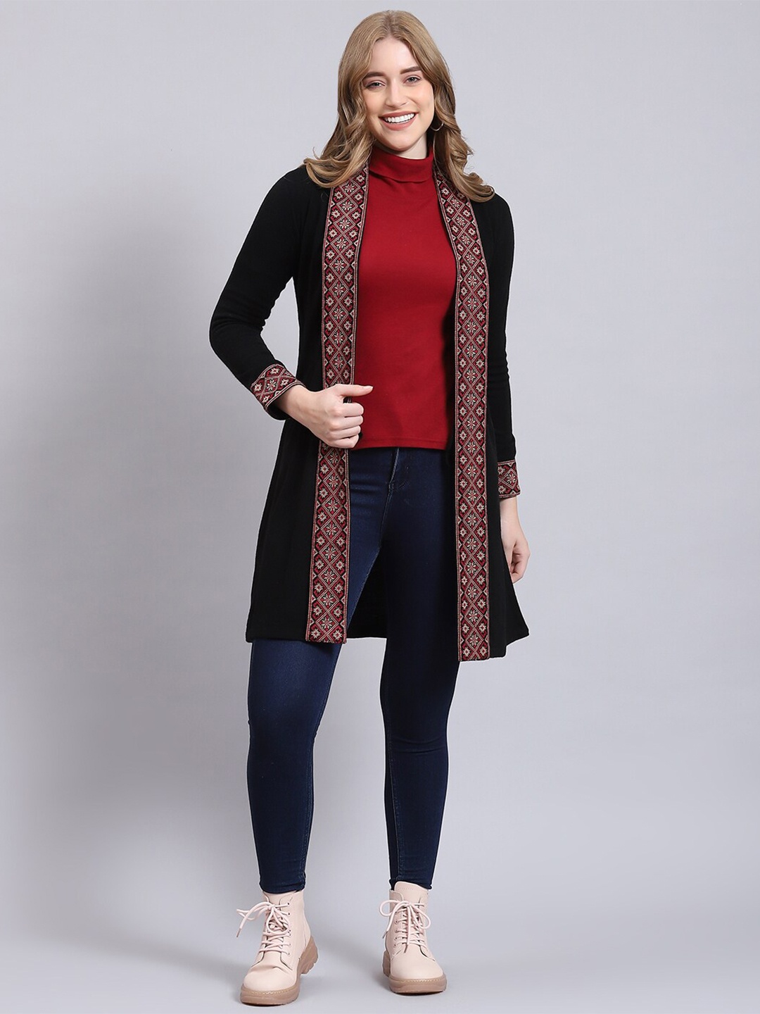 

Monte Carlo Floral Self Design Woollen Front-Open Sweaters, Black
