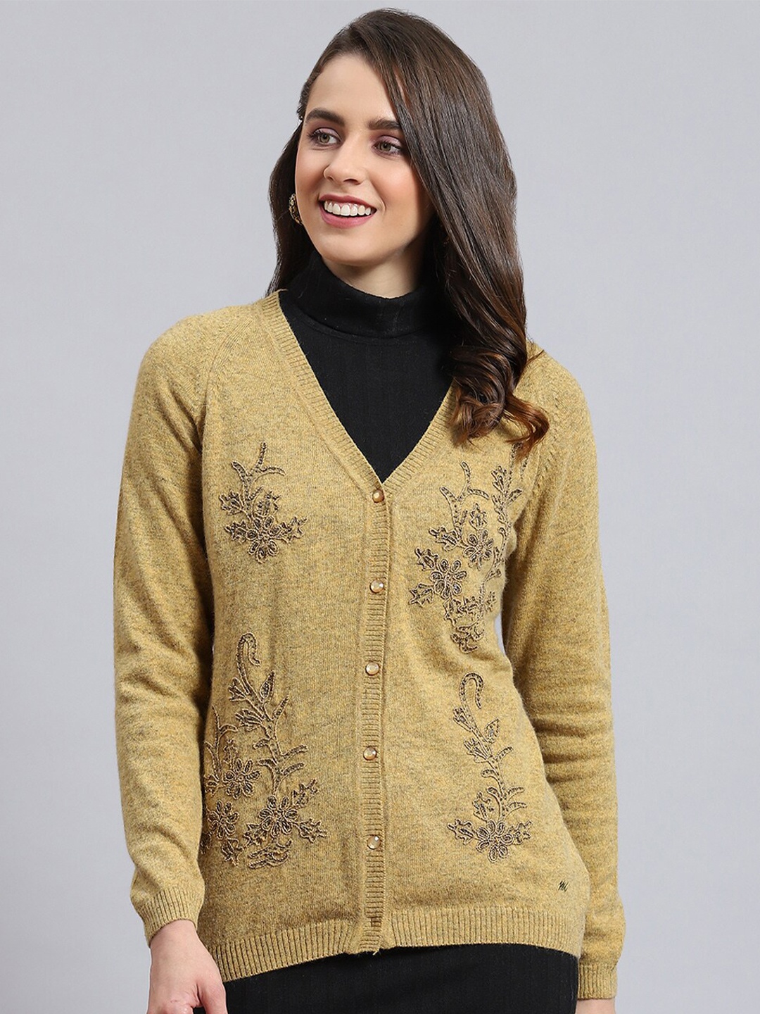 

Monte Carlo Floral Embroidered Woolen Cardigan Sweater, Mustard