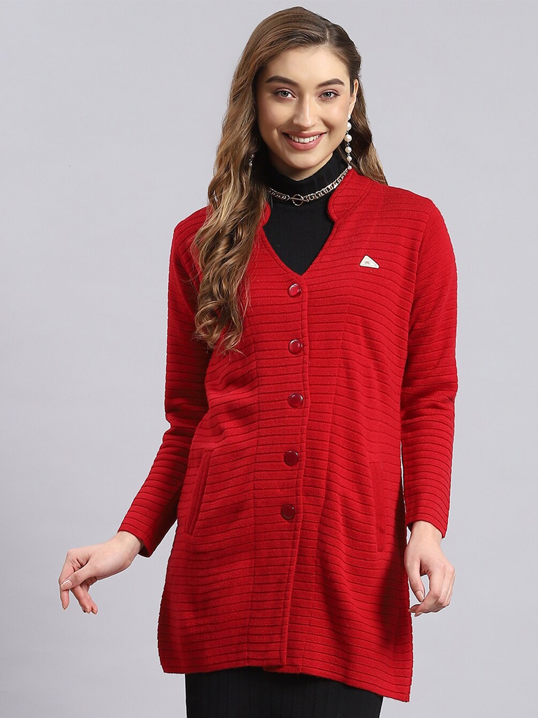 

Monte Carlo Striped Self Design V-Neck Longline Cardigan, Red