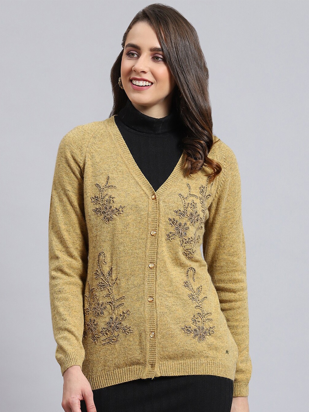 

Monte Carlo Floral Embroidered Woollen Cardigan, Mustard