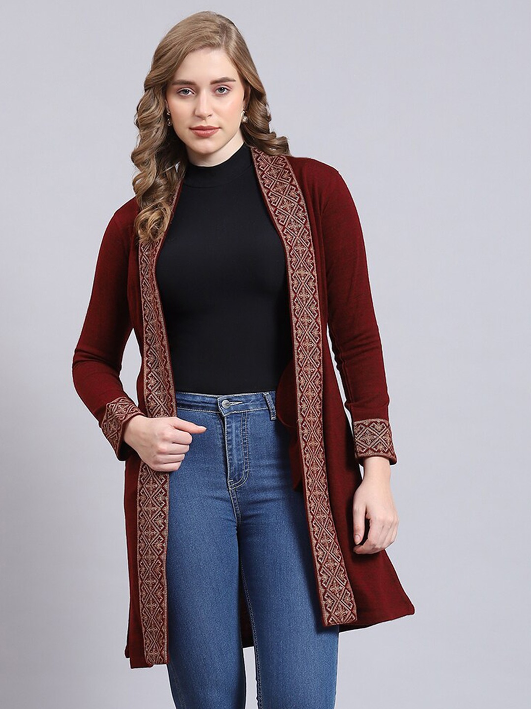 

Monte Carlo Ethnic Printed Longline Front-Open Sweaters, Maroon