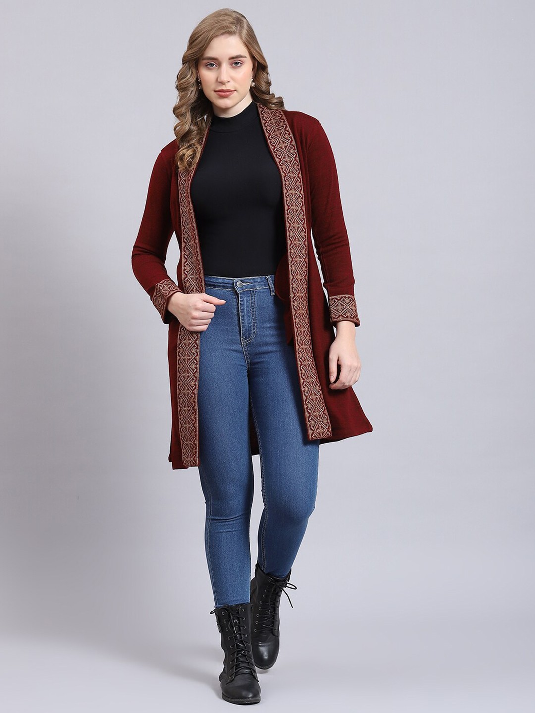 

Monte Carlo Self Design Longline Cardigan Sweater, Maroon