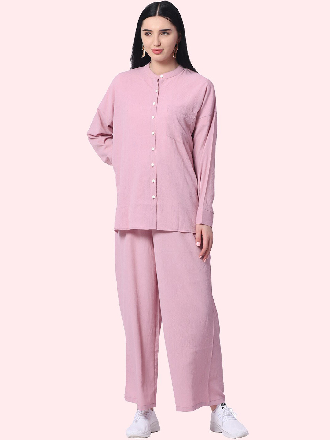 

ZERAC Band Collar Shirt With Trousers Co-Ords, Pink