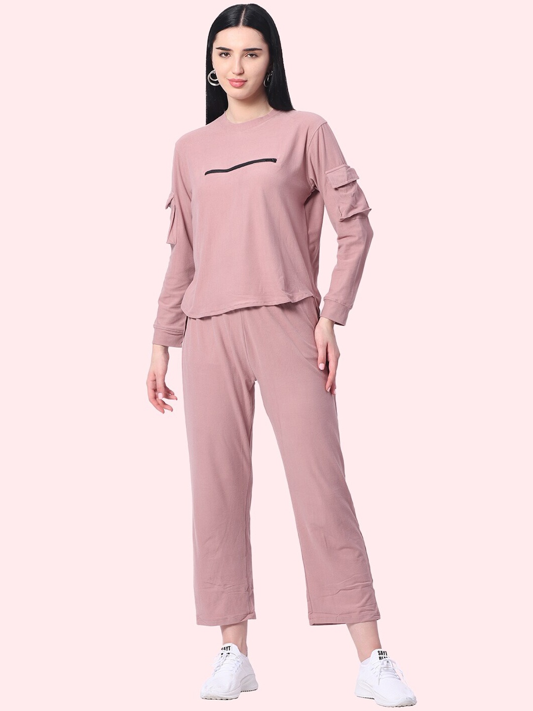 

ZERAC Self Design Round Neck T-shirt with Trousers, Pink
