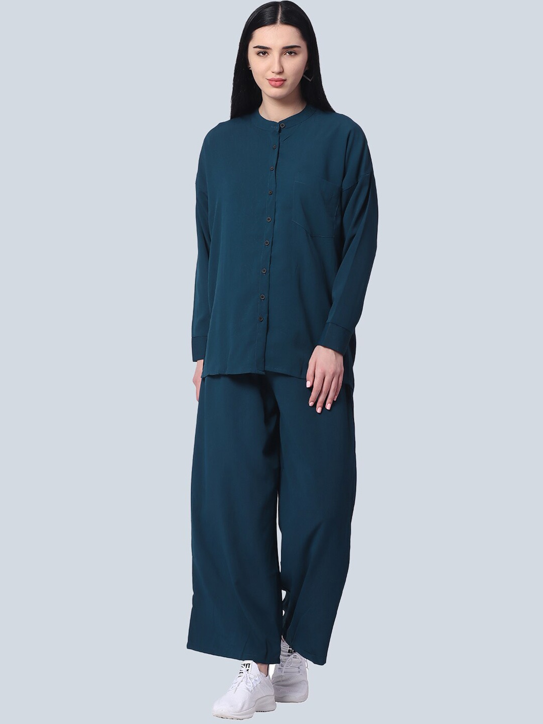 

ZERAC Band Collar Shirt With Trousers Co-Ords, Teal