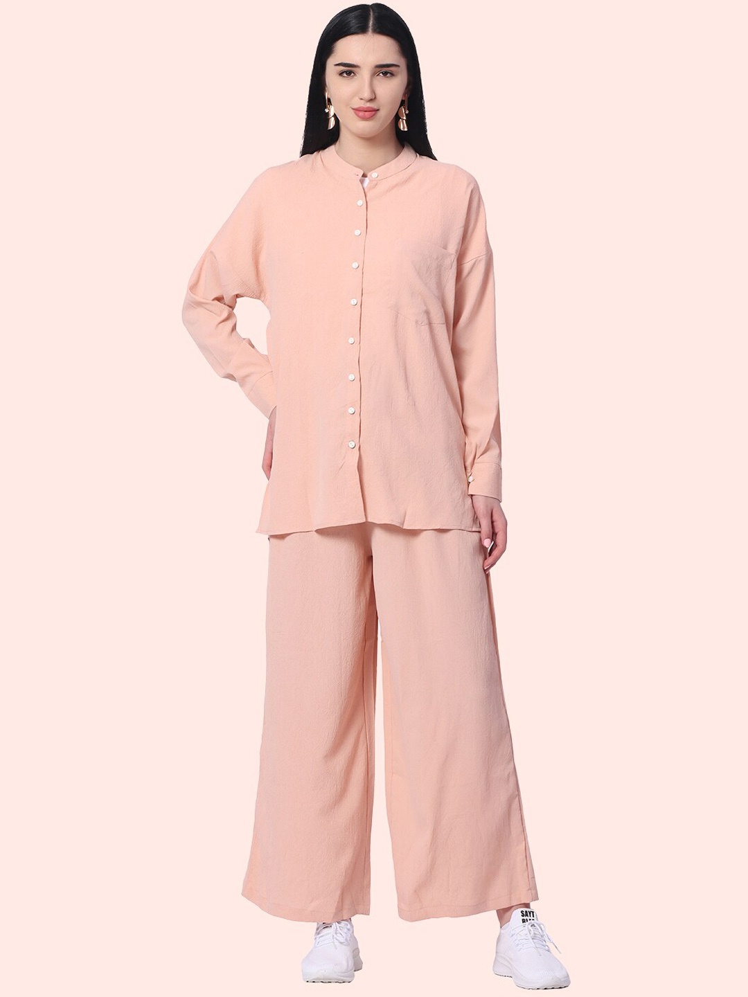 

ZERAC Mandrain Collar Neck Shirt & Flared Trouser, Peach