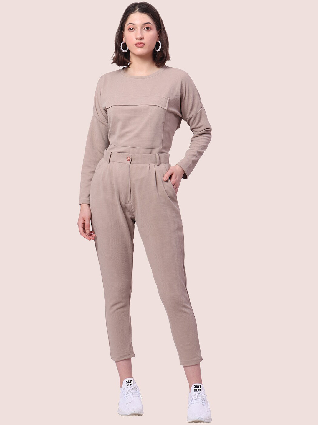 

ZERAC Self Design Round Neck T-shirt with Trousers, Beige