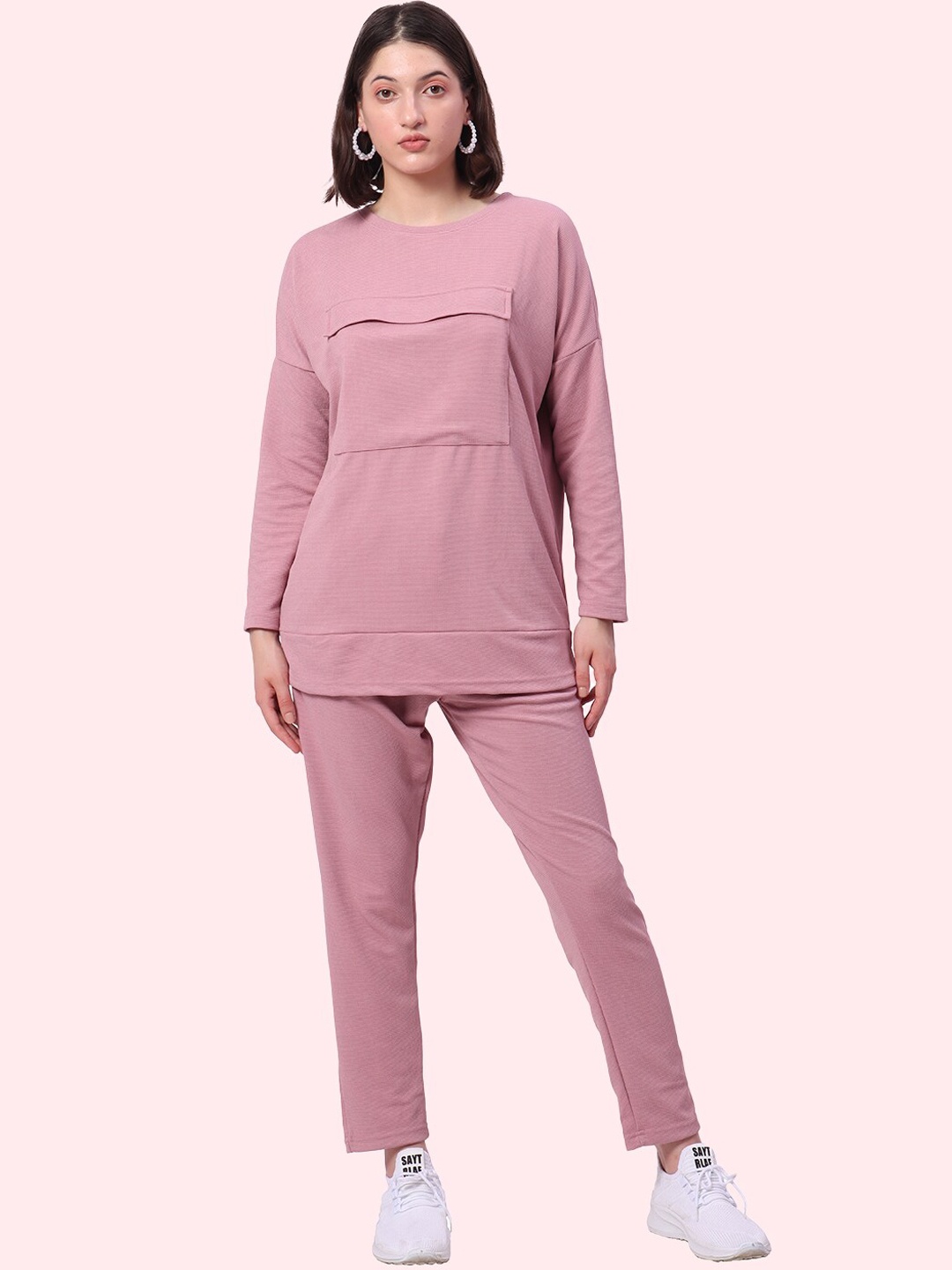 

ZERAC Self Design Round Neck T-shirt with Trousers, Pink