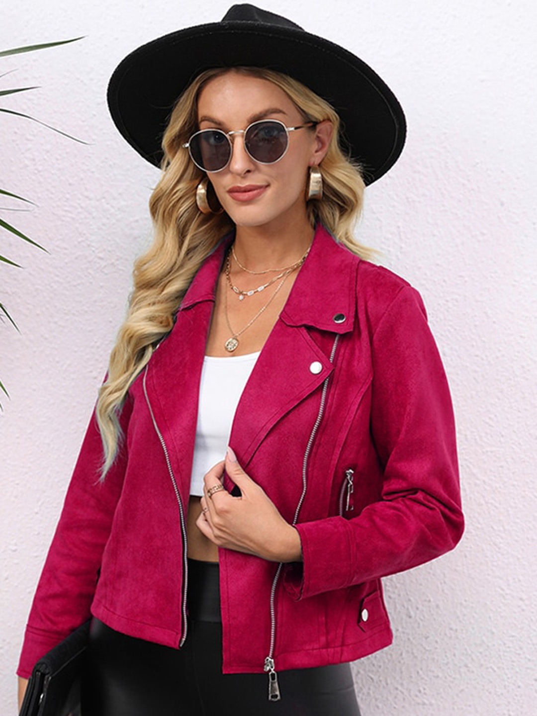 

StyleCast Pink Lapel Collar Biker Jacket, Red