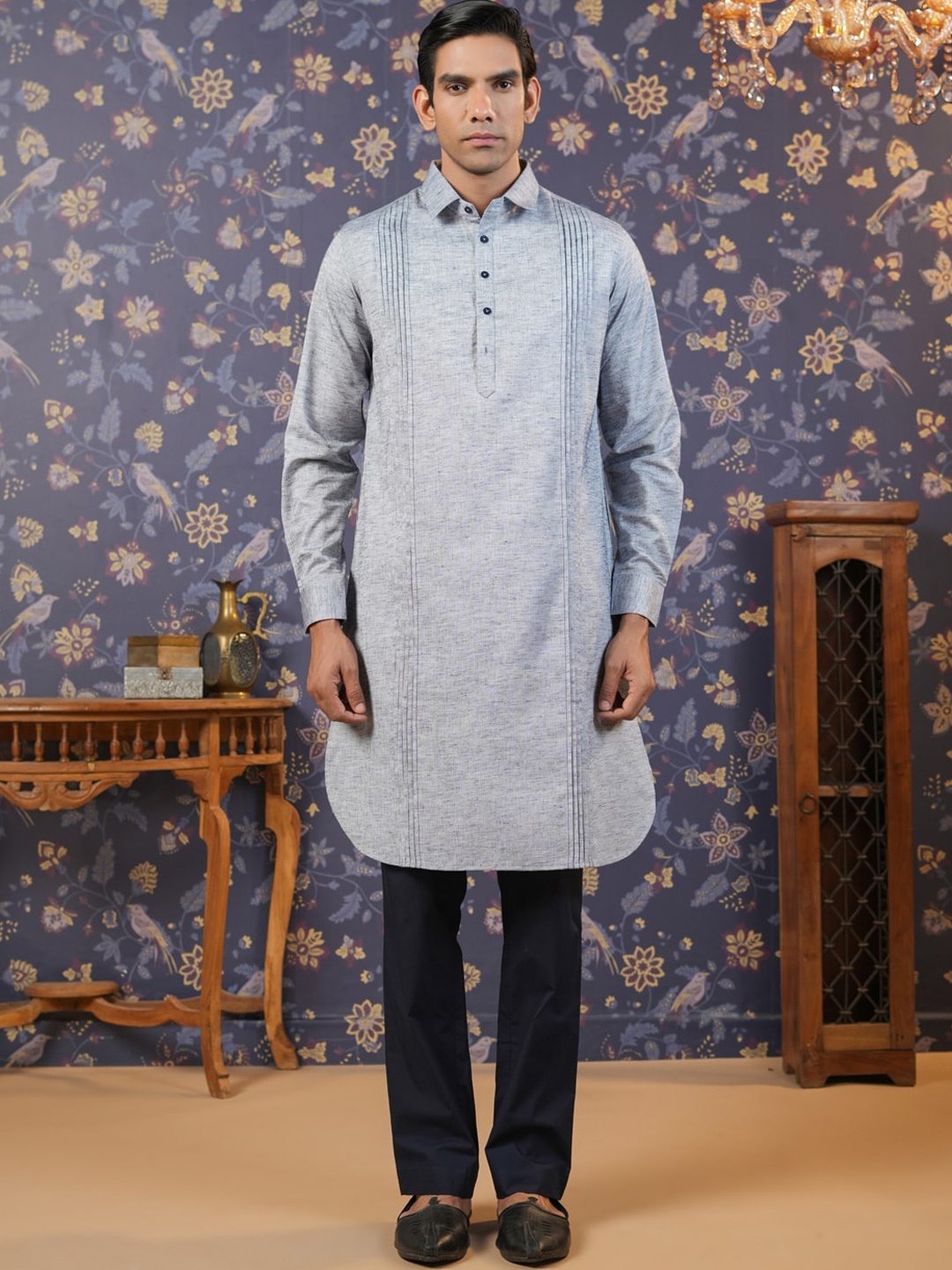 

House of Pataudi Men Printed Regular Pure Cotton Kurta with Pyjamas, Grey