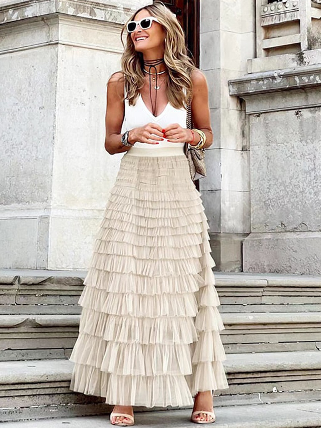 

StyleCast Beige Tiered Layered Maxi Skirts