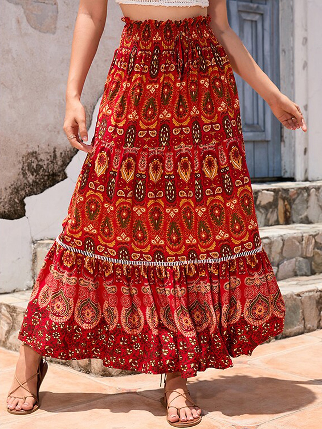 

StyleCast Red Ethnic Motifs Printed Flared Maxi Skirt