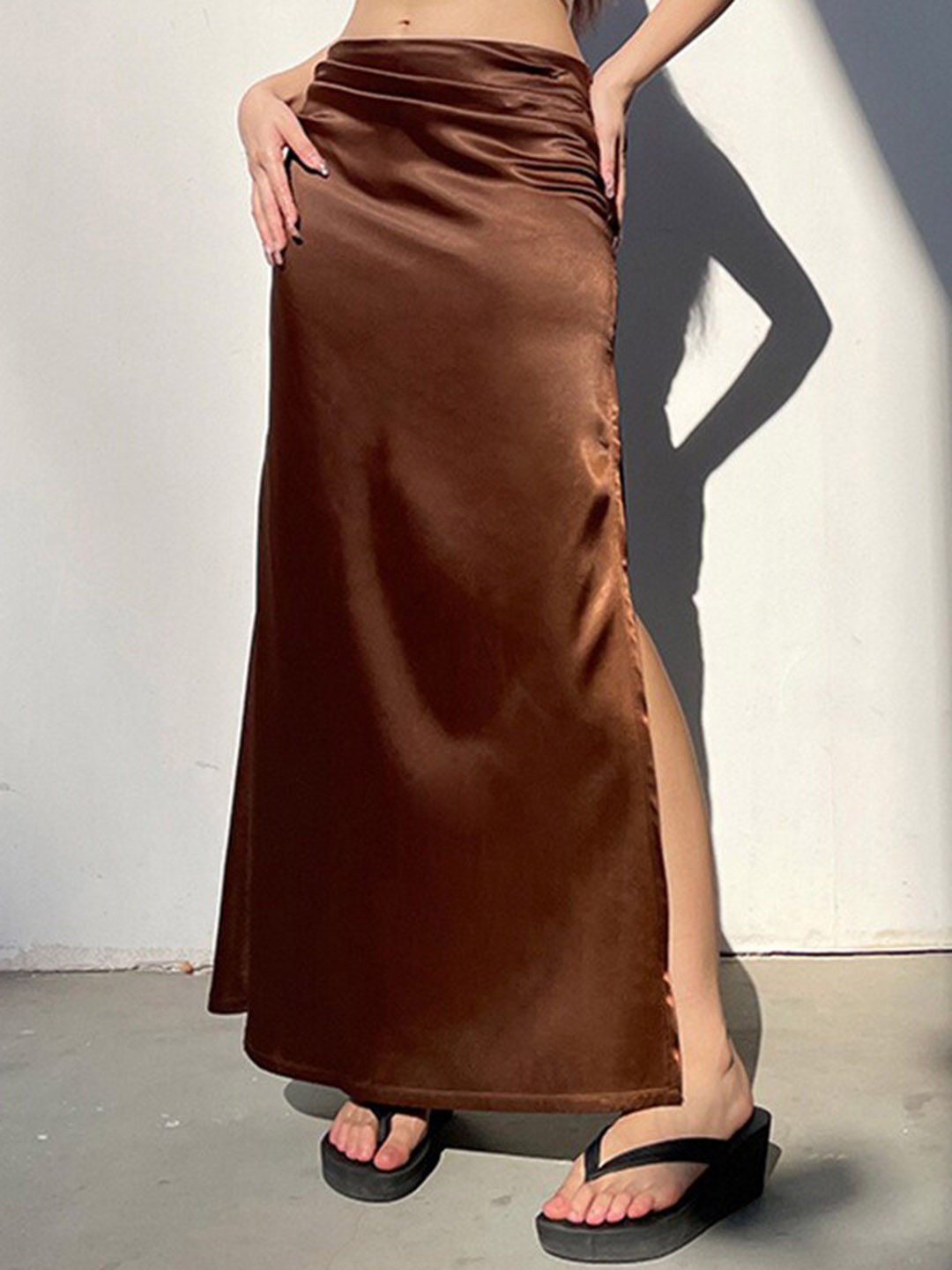 

StyleCast Brown Straight Maxi Side Slitted Satin Skirts