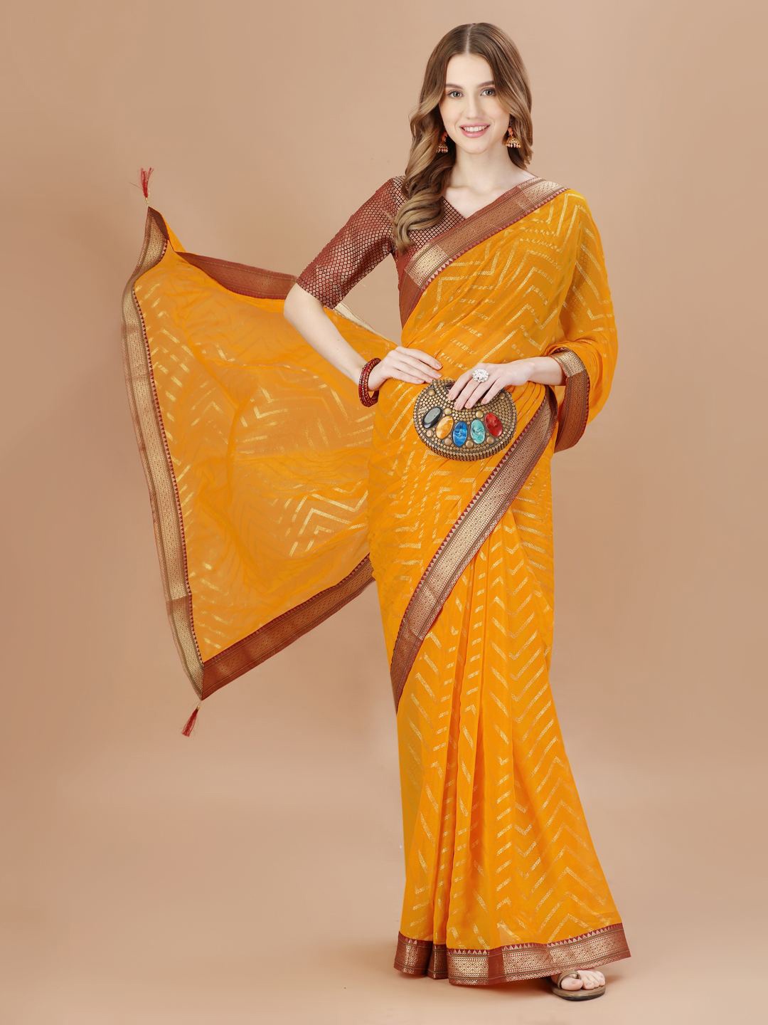 

Indian Women Leheriya Printed Designer Saree, Orange