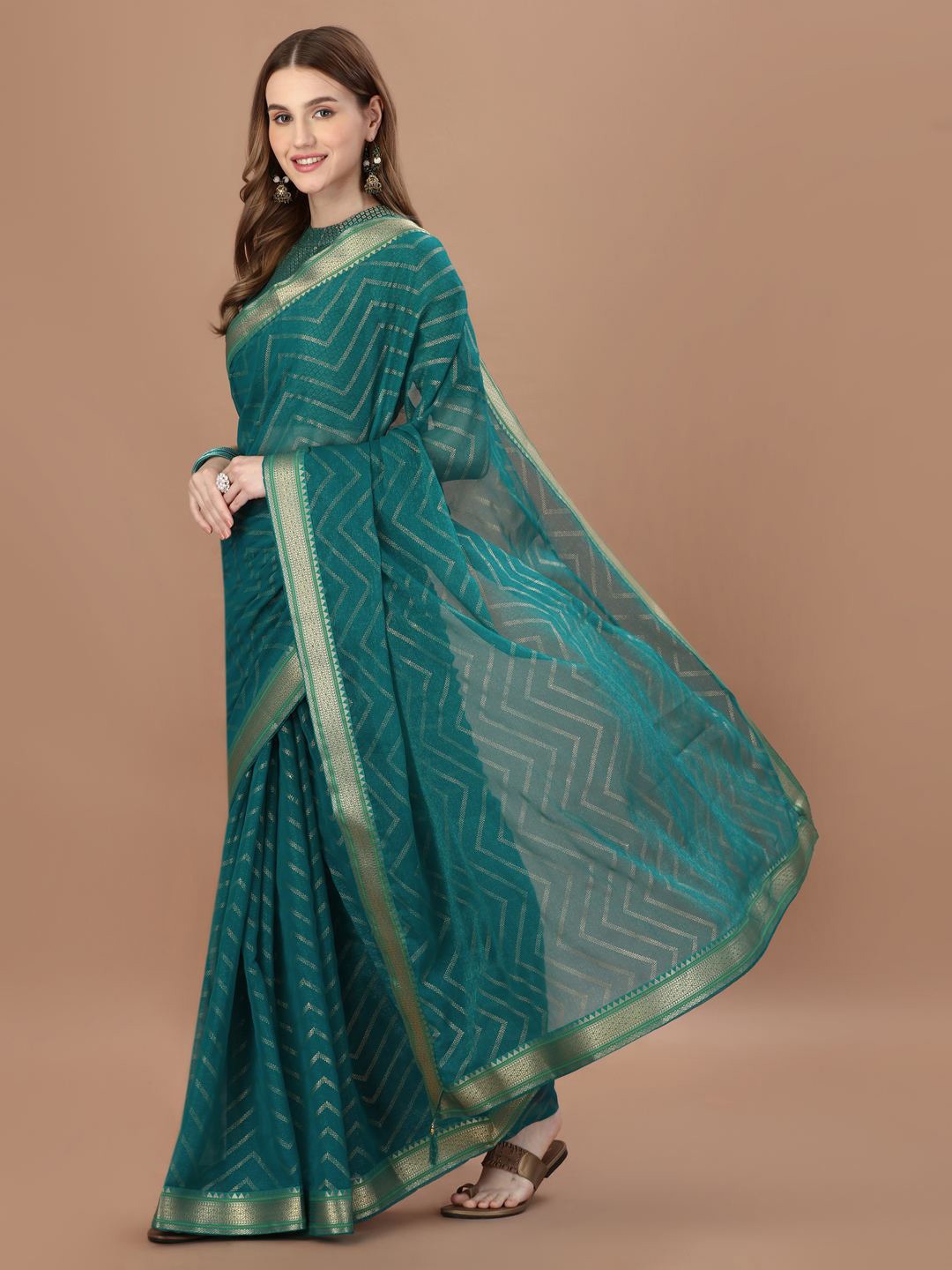 

Indian Women Geometric Embellished Pure Chiffon Saree, Teal