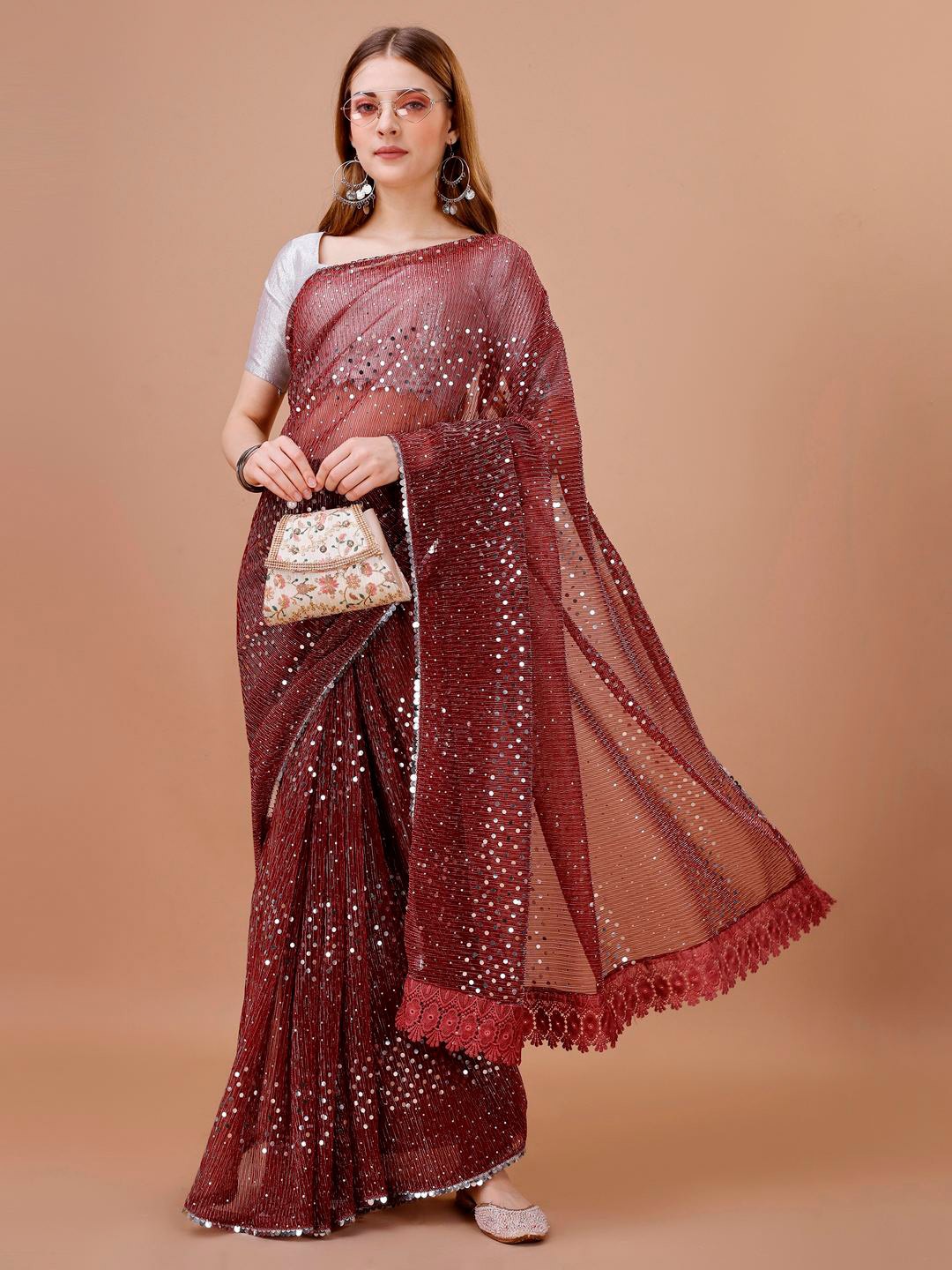

Indian Women Geometric Embellished Saree, Red