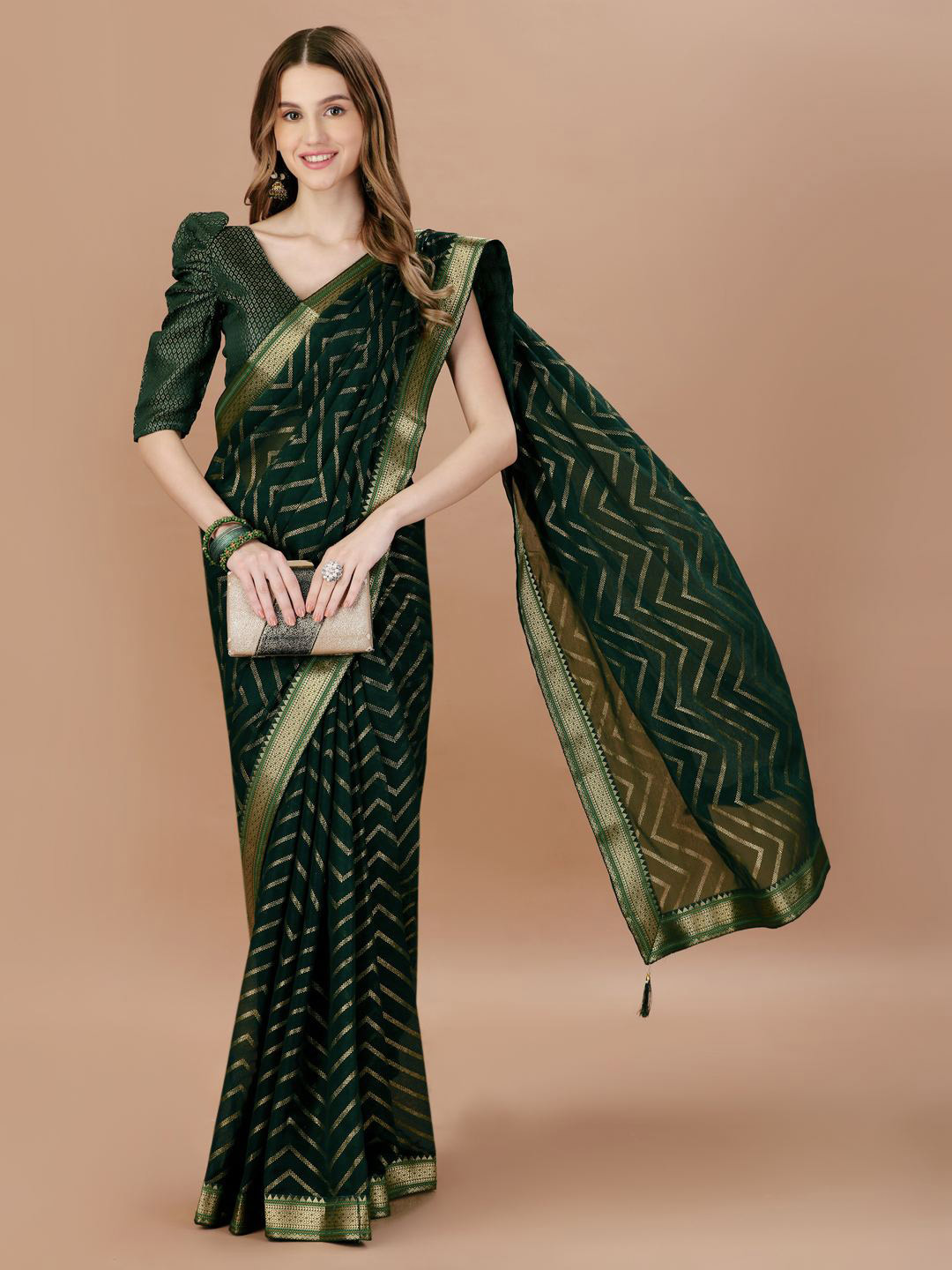 

Indian Women Geometric Printed Lace Latkan Detail Foil Print Saree, Green