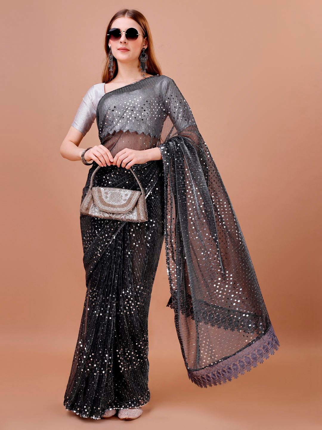 

Indian Women Embellished Sequinned Saree, Black