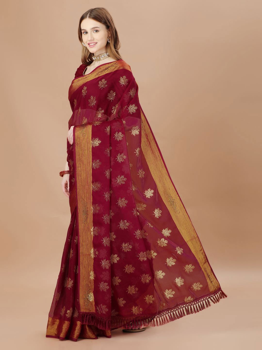 

Indian Women Floral Printed Beads and Stones Pure Chiffon Saree, Brown