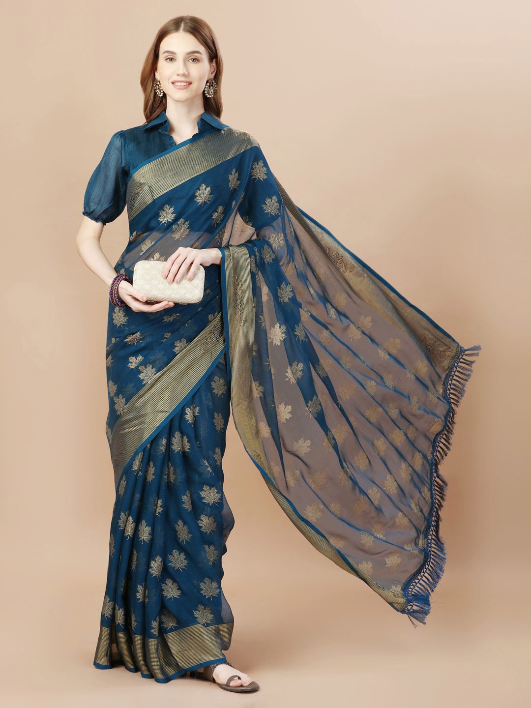 

Indian Women Floral Woven Design Zari Pure Chiffon Saree, Teal
