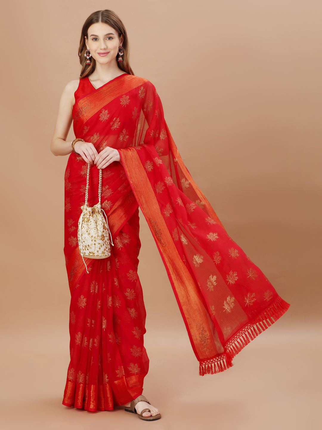 

Indian Women Floral Printed Beads and Stones Pure Chiffon Saree, Red