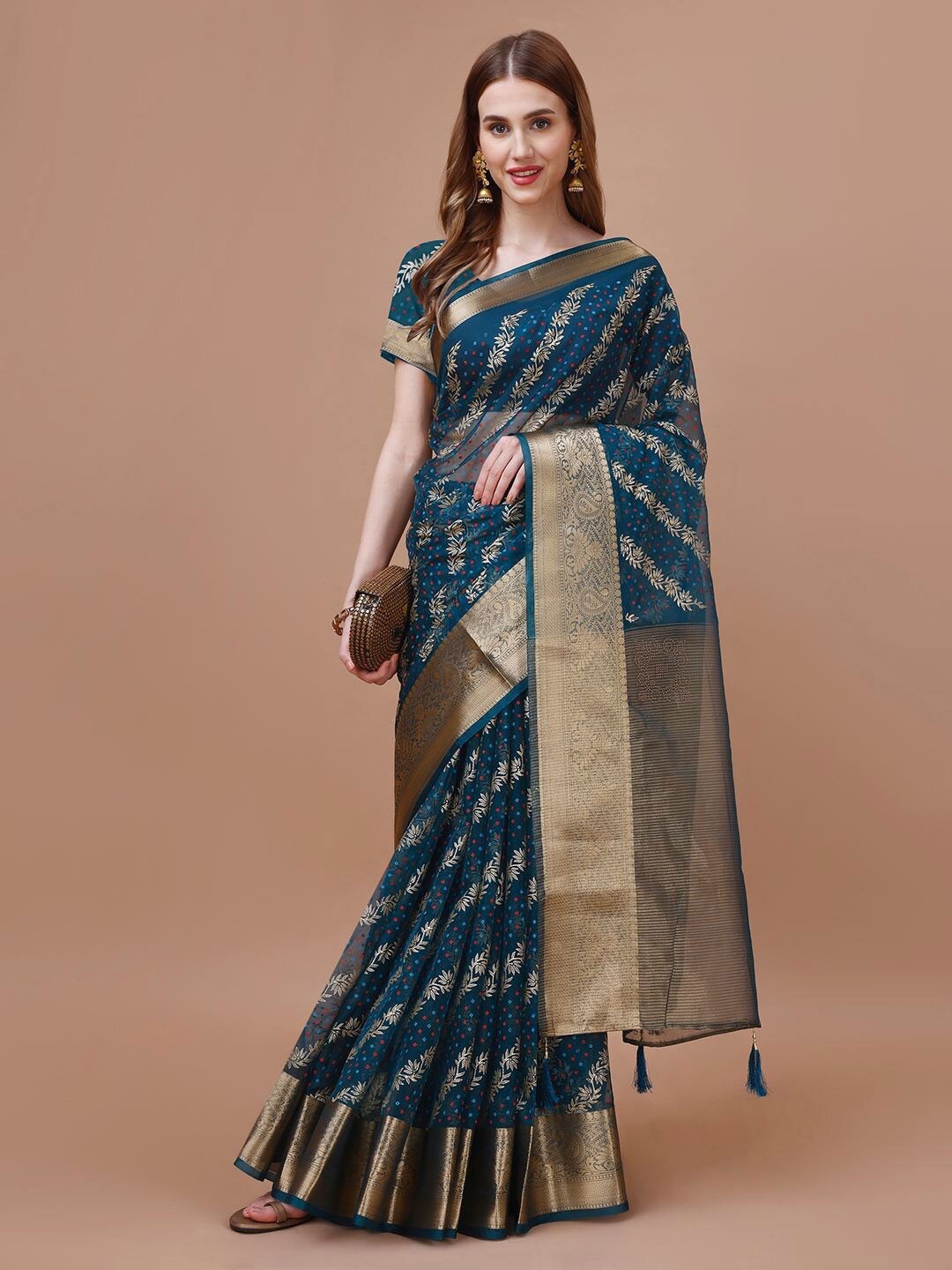 

Indian Women Floral Printed Zari Saree, Navy blue