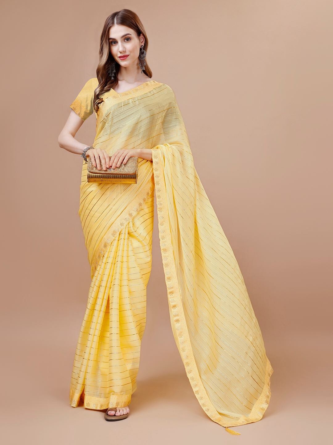

Indian Women Striped Embellished Silk Cotton Saree, Yellow