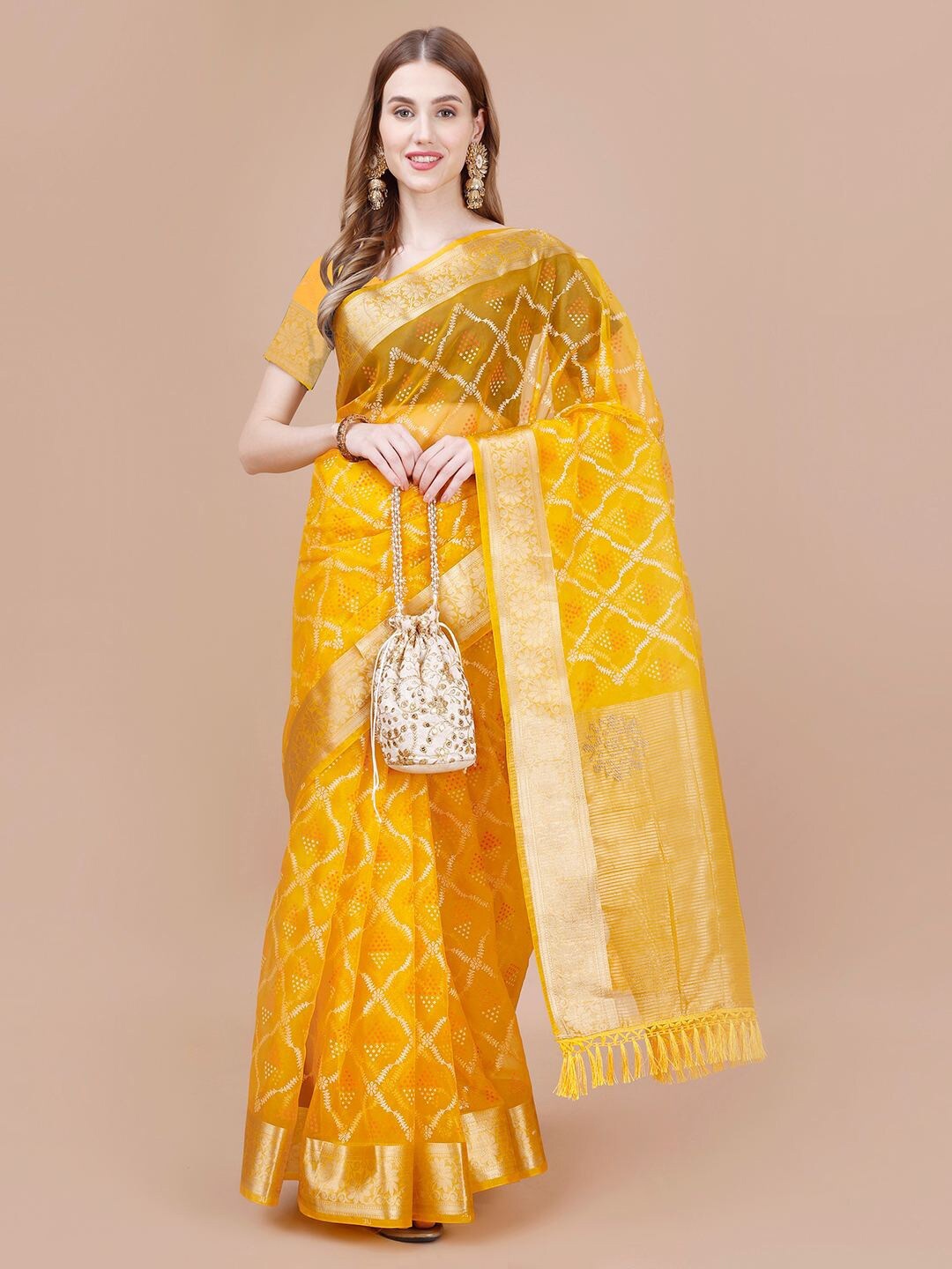 

Indian Women Ethnic Motifs Printed Organza Saree, Yellow
