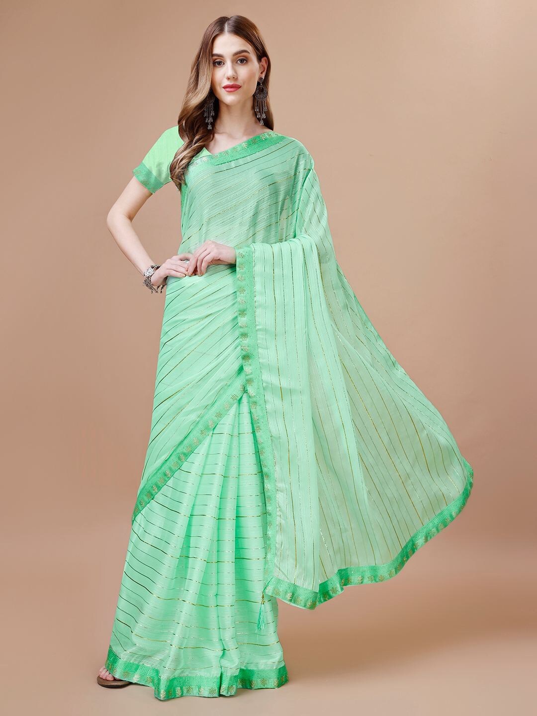 

Indian Women Striped Embellished Silk Cotton Saree, Green