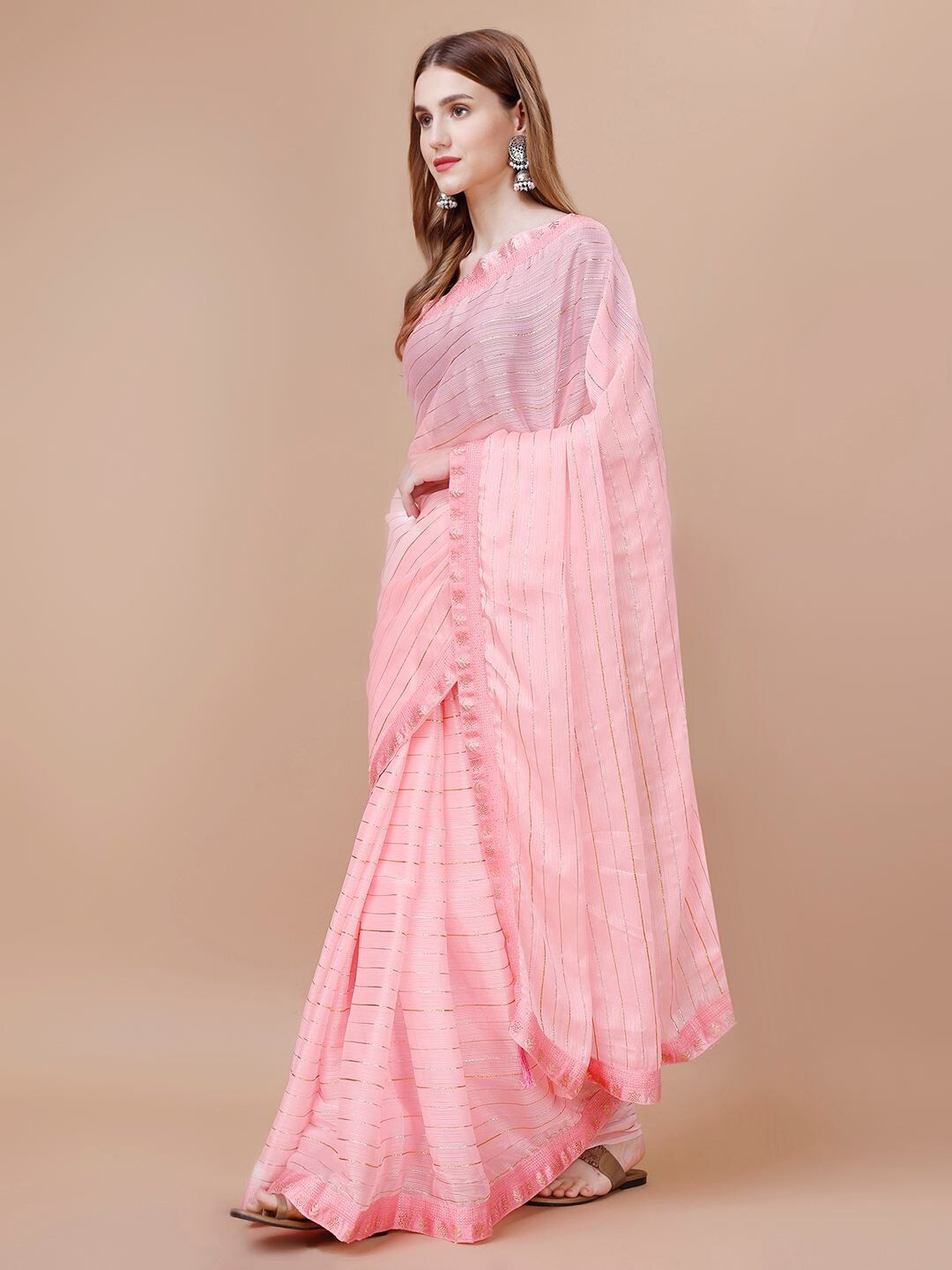 

Indian Women Striped Embellished Silk Cotton Saree, Pink